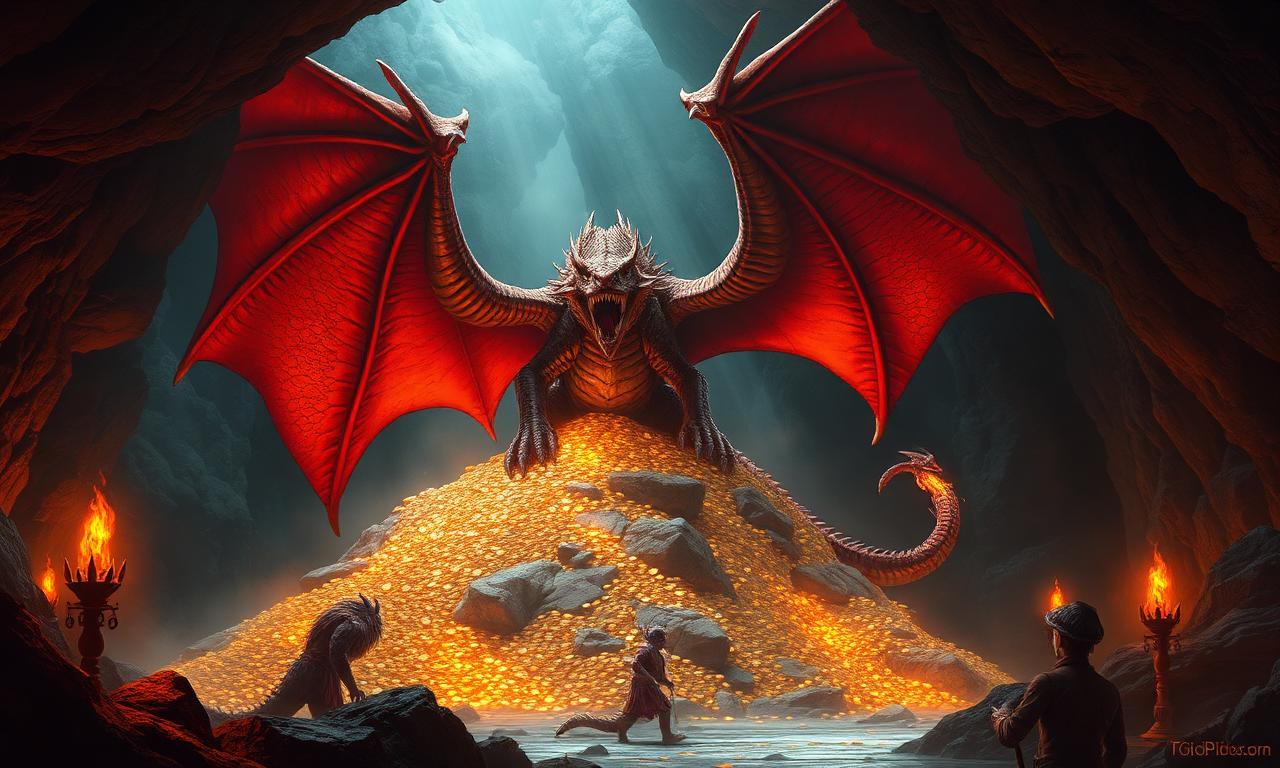 Ancient red dragon atop a hoard of gold