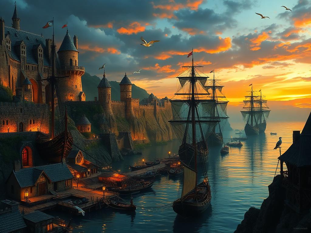 Fantasy harbor at dusk with tall ships