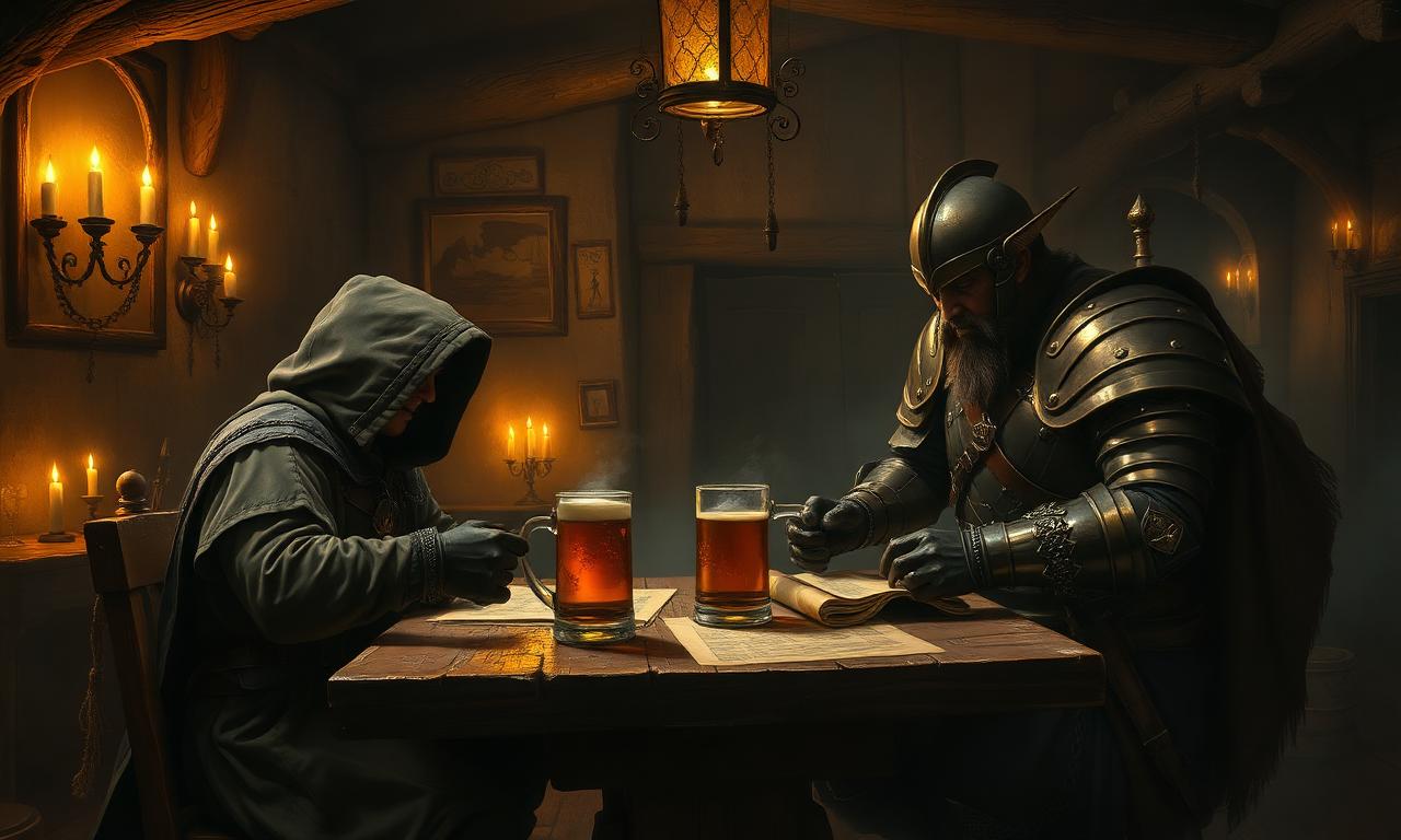 Rogue and paladin conspiring in a candlelit tavern